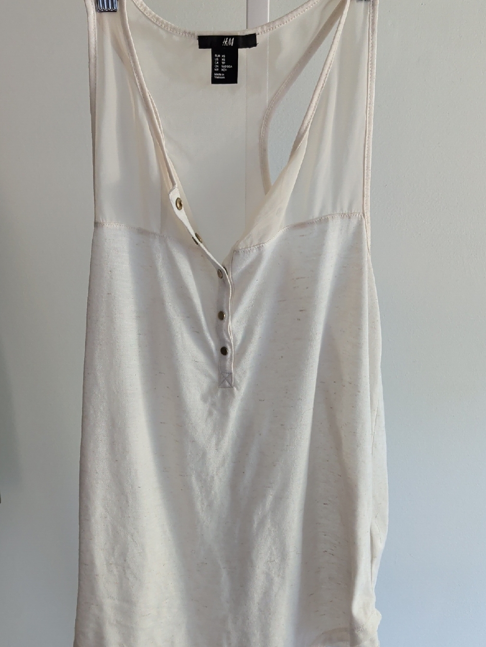 H&M Cream Henley Tank Top Sheer Panel XS Brass Buttons